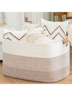 Large Woven Storage Basket with Leather Handles - Cotton Rope Organizer for Toys